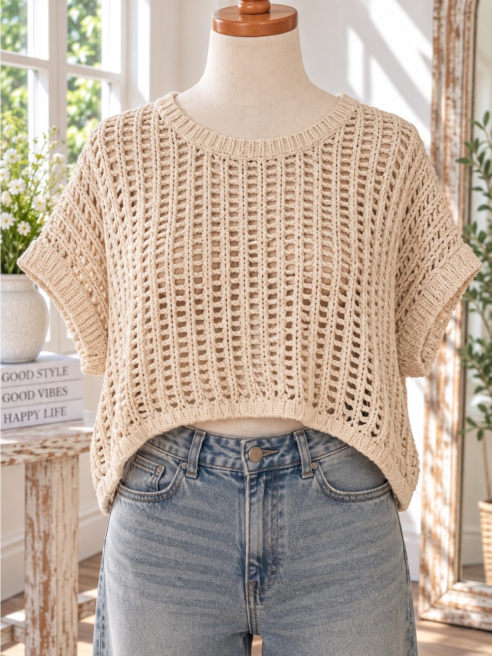 Open size 40” ptp Cream Open-Knit Short Sleeve Sweater Top Boundary & Co